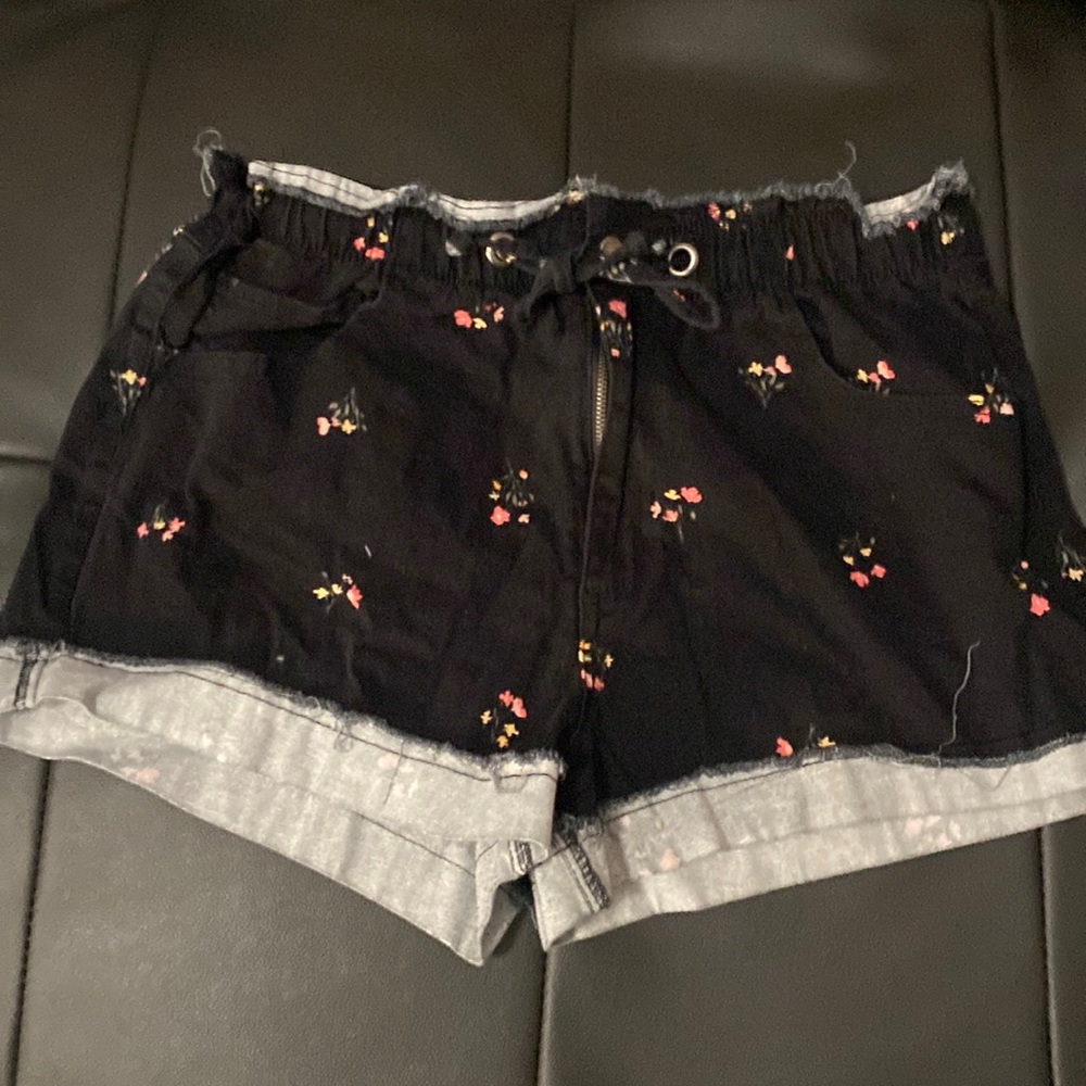 Love,fire black shorts with pink flowers